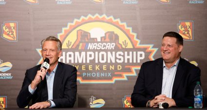 NASCAR President Steve Phelps answers questions alongside Steve O'Donnell