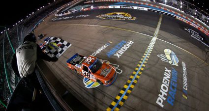 Zane Smith crosses the finish line first in the No. 38 Ford at Phoenix