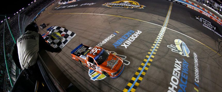 Zane Smith crosses the finish line first in the No. 38 Ford at Phoenix