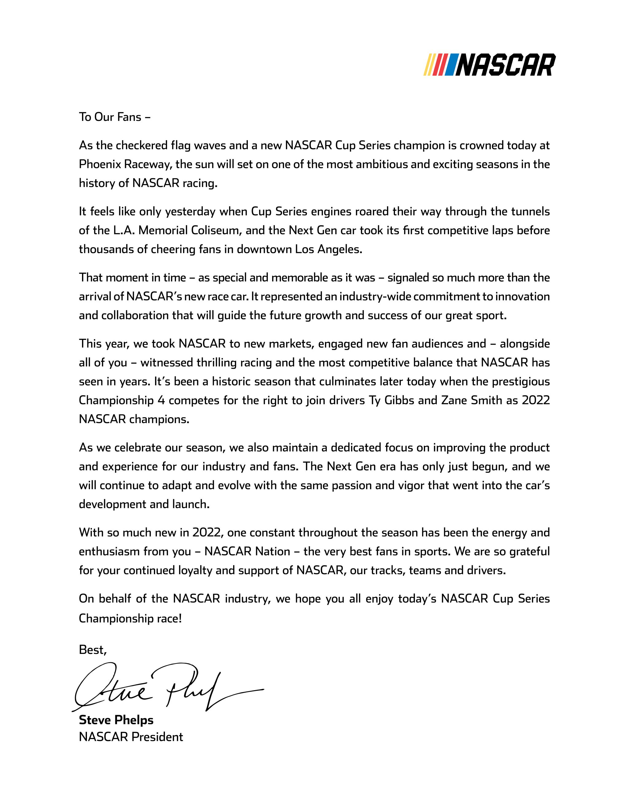 A letter to fans from NASCAR President Steve Phelps NASCAR