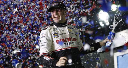 Austin Cindric celebrates after winning the 2022 Daytona 500.
