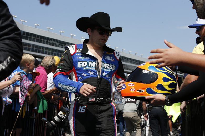 FORT WORTH, TEXAS - SEPTEMBER 25: Noah Gragson, driver of the #16 Freedom by Ed Morse Chevrolet, greets fans during pre-race ceremonies prior to the NASCAR Cup Series Auto Trader EchoPark Automotive 500 at Texas Motor Speedway on September 25, 2022 in Fort Worth, Texas. (Photo by Tim Heitman/Getty Images) | Getty Images