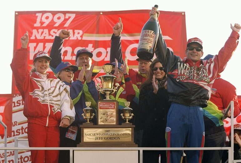 Jeff Gordon celebrates 1997 Championship