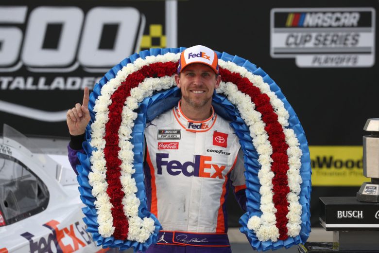 Denny Hamlin celebrates win