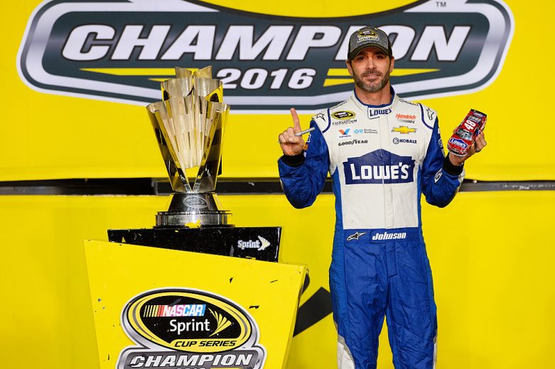 Jimmie Johnson celebrates win