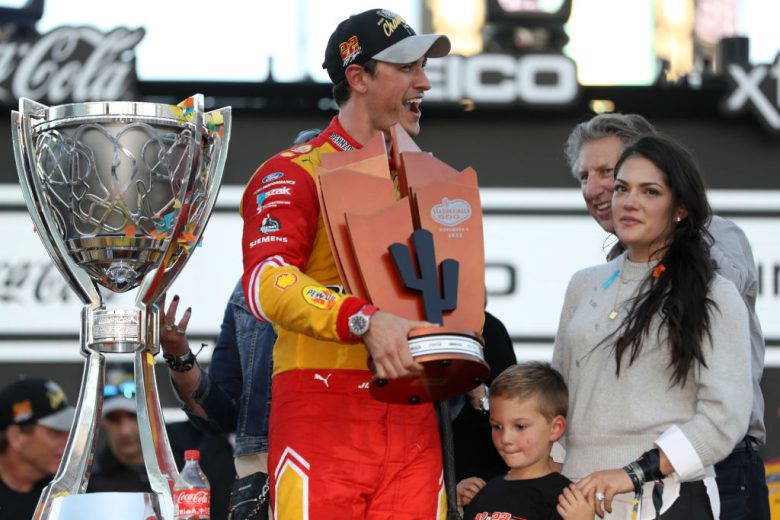 Joey Logano celebrates win