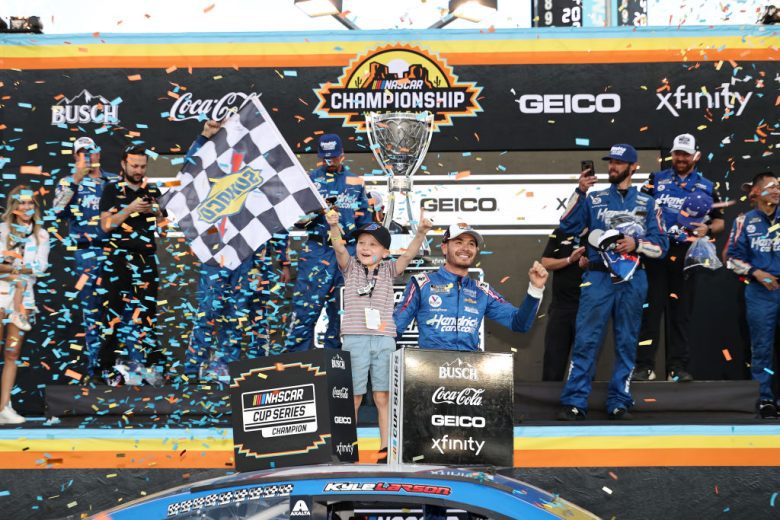 Kyle Larson celebrates win