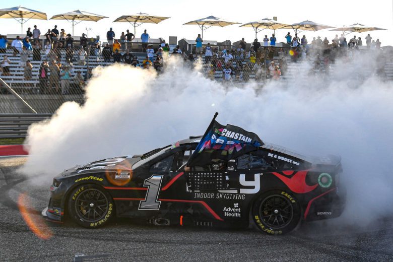 AUSTIN, TEXAS - MARCH 27: Ross Chastain, driver of the #1 ONX Homes/iFly Chevrolet, celebrates with a burnout after winning the NASCAR Cup Series Echopark Automotive Grand Prix at Circuit of The Americas on March 27, 2022 in Austin, Texas. (Photo by Logan Riely/Getty Images) | Getty Images