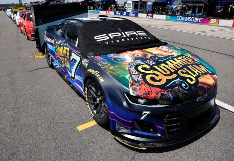 LONG POND, PENNSYLVANIA - JULY 24: The #7 WWE SummerSlam on Peacock Chevrolet, driven by Corey LaJoie sit on the grid prior to the NASCAR Cup Series M&M's Fan Appreciation 400 at Pocono Raceway on July 24, 2022 in Long Pond, Pennsylvania. (Photo by Tim Nwachukwu/Getty Images) | Getty Images