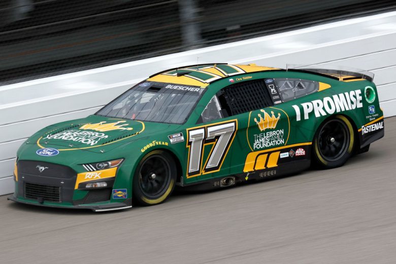 BROOKLYN, MICHIGAN - AUGUST 07: Chris Buescher, driver of the #17 LeBron James Family Foundation Ford, drives during the NASCAR Cup Series FireKeepers Casino 400 at Michigan International Speedway on August 07, 2022 in Brooklyn, Michigan. (Photo by Sean Gardner/Getty Images) | Getty Images