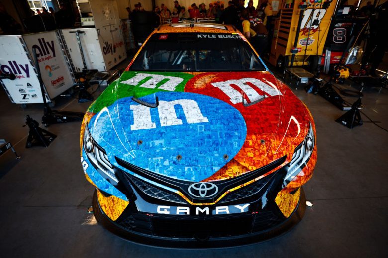 AVONDALE, ARIZONA - NOVEMBER 04: The #18 M&M's Thank You Fans! Toyota, driven by Kyle Busch sits in the garage during practice for the NASCAR Cup Series Championship at Phoenix Raceway on November 04, 2022 in Avondale, Arizona. (Photo by Chris Graythen/Getty Images) | Getty Images