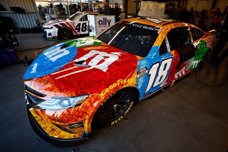 AVONDALE, ARIZONA - NOVEMBER 04: The #18 M&M's Thank You Fans! Toyota, driven by Kyle Busch sits in the garage during practice for the NASCAR Cup Series Championship at Phoenix Raceway on November 04, 2022 in Avondale, Arizona. (Photo by Chris Graythen/Getty Images) | Getty Images