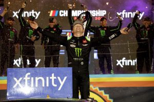 AVONDALE, ARIZONA - NOVEMBER 05: Ty Gibbs, driver of the #54 Monster Energy Toyota, celebrates in victory lane after winning the NASCAR Xfinity Series Championship at Phoenix Raceway on November 05, 2022 in Avondale, Arizona. (Photo by Chris Graythen/Getty Images) | Getty Images
