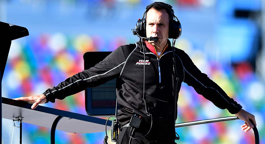 Crew chief Paul Wolfe atop the Team Penske hauler for Daytona 500 practice in 2020