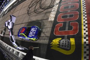 Erik Jones takes the checkered flag to win the 2022 Southern 500 at Darlington