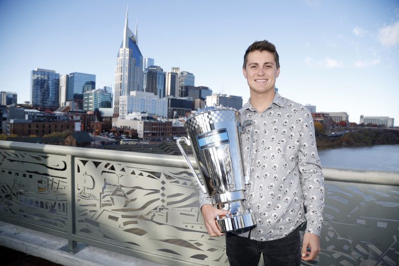 NASHVILLE, TENNESSEE - DECEMBER 01: 2022 NASCAR Camping World Truck Series champion Zane Smith poses for a photo on the Shelby Street pedestrian bridge on December 01, 2022 in Nashville, Tennessee. (Photo by Sean Gardner/Getty Images) | Getty Images