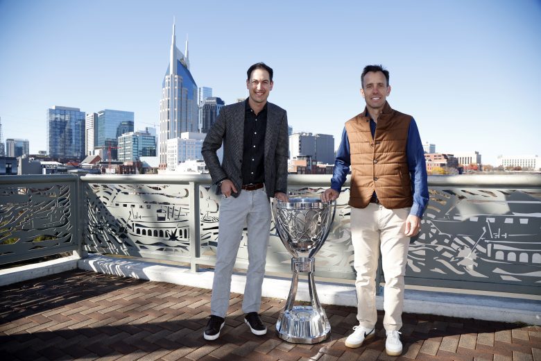 NASHVILLE, TENNESSEE - DECEMBER 01: 2022 NASCAR Cup Series champion Joey Logano and his crew chief Paul Wolfe pose for a photo on the Shelby Street pedestrian bridge on December 01, 2022 in Nashville, Tennessee. (Photo by Sean Gardner/Getty Images) | Getty Images