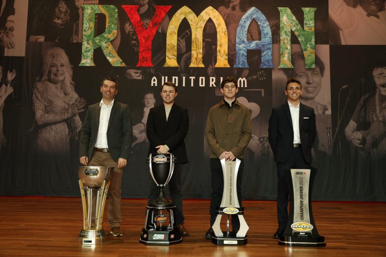 NASHVILLE, TENNESSEE - DECEMBER 01: (L-R) NASCAR Pintys Series champion Marc-Antoine Camirand, NASCAR Advance Auto Parts Weekly Series champion Layne Riggs, ARCA Menards Series champion Nick Sanchez, and ARCA Menards Series West champion Jake Drew pose for a photo at the Ryman Auditorium on December 01, 2022 in Nashville, Tennessee. (Photo by Sean Gardner/Getty Images) | Getty Images