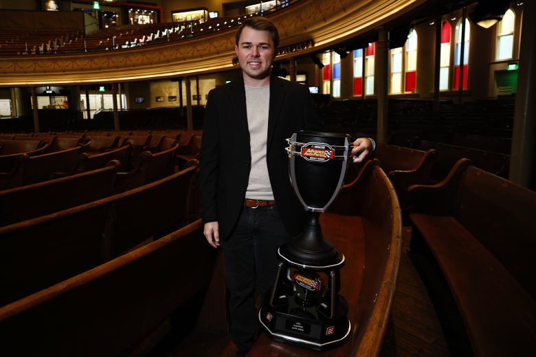 NASHVILLE, TENNESSEE - NOVEMBER 30: NASCAR Advance Auto Parts Weekly Series champion Layne Riggs, poses for a photo at the Ryman Auditorium on December 01, 2022 in Nashville, Tennessee. (Photo by Chris Graythen/Getty Images) | Getty Images