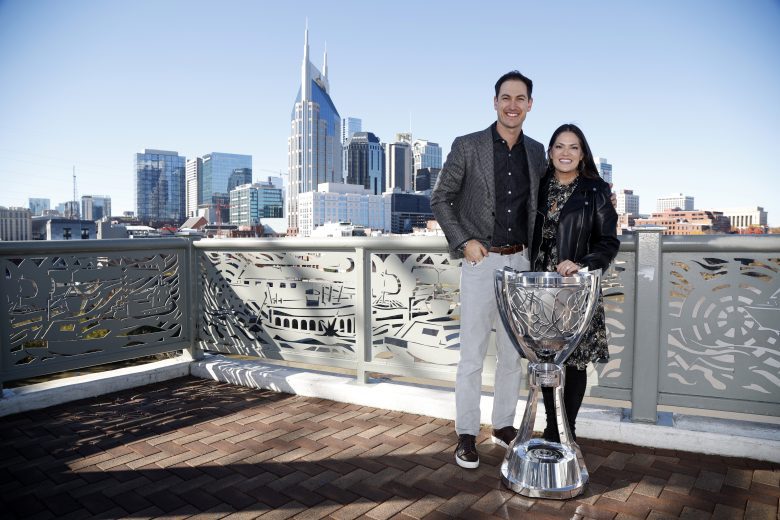 NASHVILLE, TENNESSEE - DECEMBER 01: 2022 NASCAR Cup Series champion Joey Logano and his wife Brittany pose for a photo on the Shelby Street pedestrian bridge on December 01, 2022 in Nashville, Tennessee. (Photo by Sean Gardner/Getty Images) | Getty Images