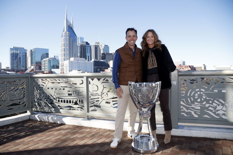 NASHVILLE, TENNESSEE - DECEMBER 01: 2022 NASCAR Cup Series champion crew chief Paul Wolfe and his wife Aleia pose for a photo on the Shelby Street pedestrian bridge on December 01, 2022 in Nashville, Tennessee. (Photo by Sean Gardner/Getty Images) | Getty Images