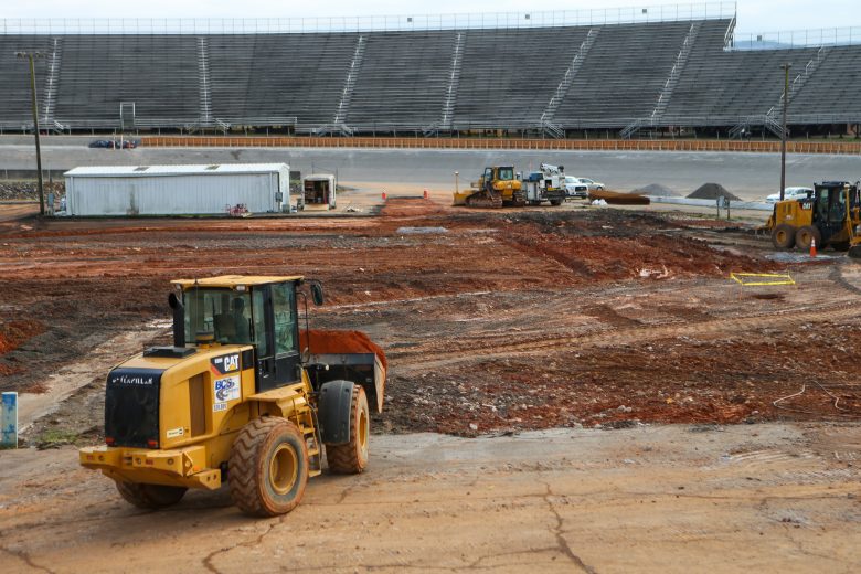 Construction crews work in the infield at North Wilkesboro Speedway in North Wilkesboro, North Carolina, on December 13, 2022. (Adam Fenwick/NASCAR)
