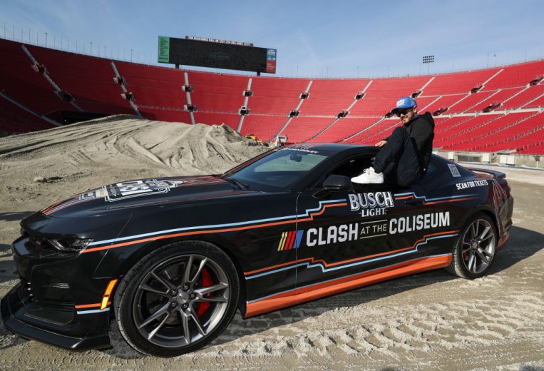 Kyle Larson arrives at LA Coliseum
