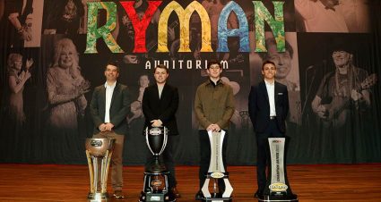 NASCAR Pintys Series champion Marc-Antoine Camirand, NASCAR Advance Auto Parts Weekly Series champion Layne Riggs, ARCA Menards Series champion Nick Sanchez, and ARCA Menards Series West champion Jake Drew pose for a photo at the Ryman Auditorium in Nashville
