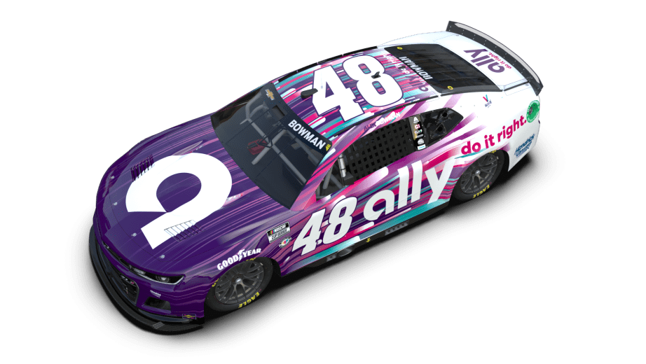 The primary plum-and-white design for Alex Bowman's No. 48 Ally Chevrolet.