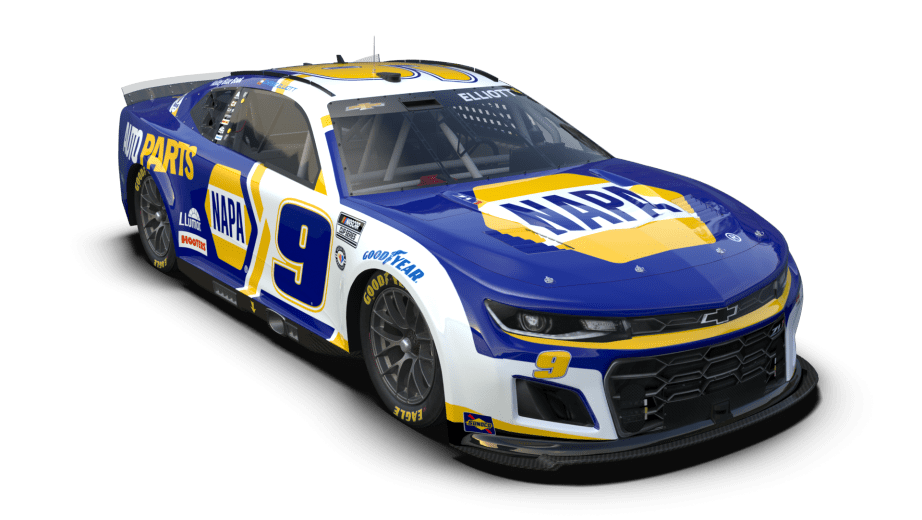 Side view of Chase Elliott's 2023 NAPA paint scheme