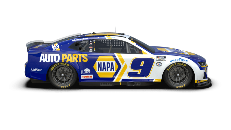 Right-side view of Chase Elliott's 2023 NAPA paint scheme