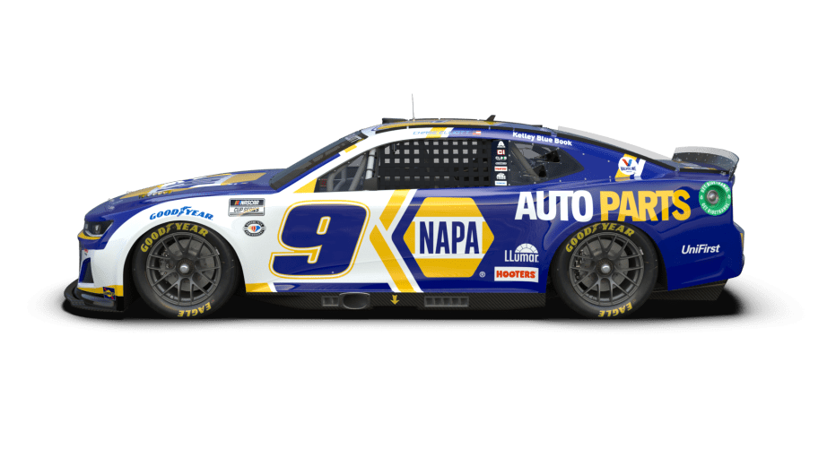 Left-side view of Chase Elliott's 2023 NAPA paint scheme