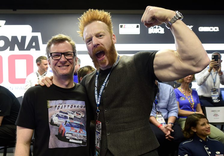DAYTONA BEACH, FLORIDA - FEBRUARY 16: Former NASCAR driver Dale Earnhardt Jr.(L) and WWE wrestling star Sheamus pose for a photo opportunity at the driver's meeting prior to the NASCAR Cup Series 62nd Annual Daytona 500 at Daytona International Speedway on February 16, 2020 in Daytona Beach, Florida. (Photo by Jared C. Tilton/Getty Images)
