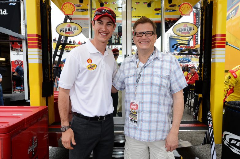 DAYTONA BEACH, FL - FEBRUARY 24: Actor Drew Carey poses with Joey Logano, driver of the #22 Shell-Pennzoil/AAA Ford, prior to the NASCAR Sprint Cup Series Daytona 500 at Daytona International Speedway on February 24, 2013 in Daytona Beach, Florida. (Photo by Jared C. Tilton/NASCAR via Getty Images)