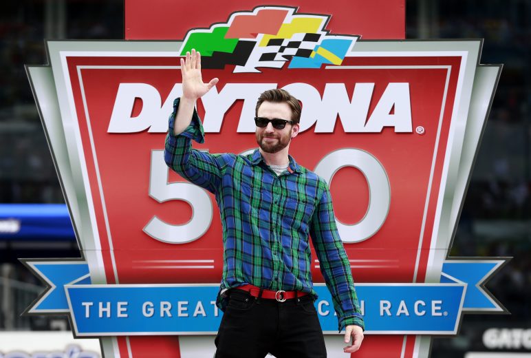 DAYTONA BEACH, FL - FEBRUARY 23: Grand Marshal, actor Chris Evans is introduced during pre-race ceremonies for the NASCAR Sprint Cup Series Daytona 500 at Daytona International Speedway on February 23, 2014 in Daytona Beach, Florida. (Photo by Chris Trotman/NASCAR via Getty Images)