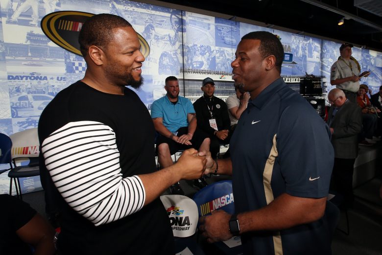 DAYTONA BEACH, FL - FEBRUARY 21: Ndamukong Suh talks to Ken Griffey Jr during the drivers meeting prior to the NASCAR Sprint Cup Series DAYTONA 500 at Daytona International Speedway on February 21, 2016 in Daytona Beach, Florida. (Photo by Sean Gardner/Getty Images)