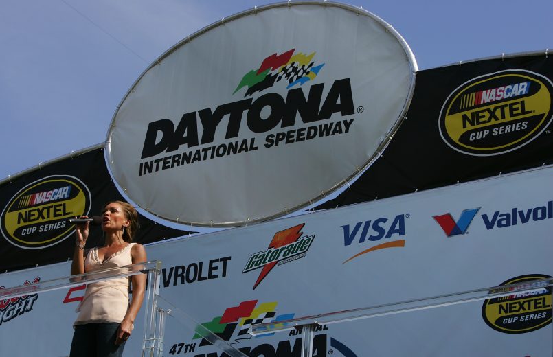 DAYTONA BEACH, FL - FEBRUARY 20: Vanessa Williams sings the National Anthem before the start of the NASCAR Nextel Cup Daytona 500 on February 20, 2005 at the Daytona International Speedway in Daytona, Florida. (Photo by Streeter Lecka/Getty Images)