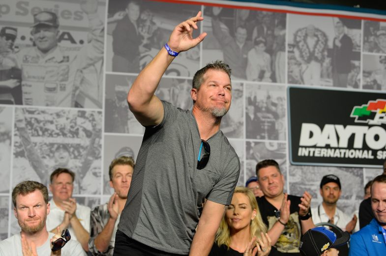DAYTONA BEACH, FL - FEBRUARY 18: Major League Baseball Hall of Famer Chipper Jones waves to the crowd during the drivers meeting for the Monster Energy NASCAR Cup Series 60th Annual Daytona 500 at Daytona International Speedway on February 18, 2018 in Daytona Beach, Florida. (Photo by Robert Laberge/Getty Images)