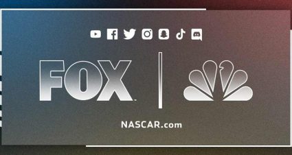 NASCAR TV graphic with logos for FOX and NBC