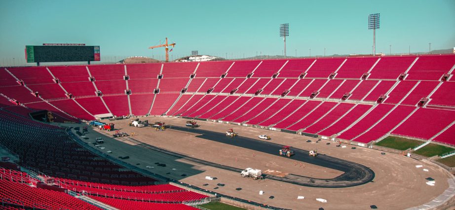 An overview of the LA Coliseum as the track is being built