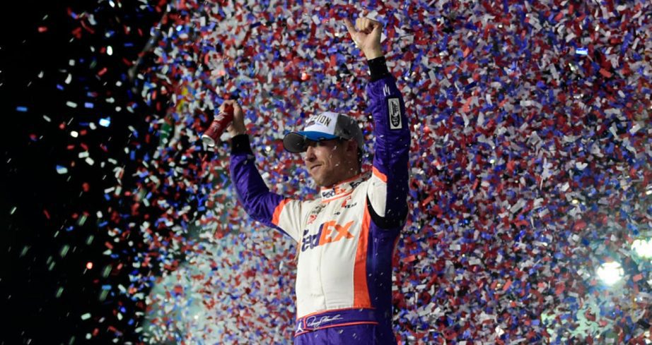 Denny Hamlin celebrates a Daytona 500 win