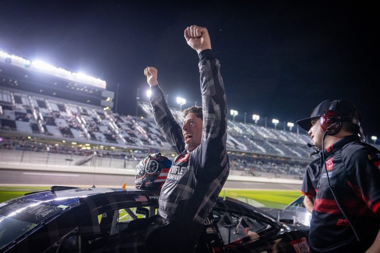 Travis Pastrana celebrates advancing to Daytona 500