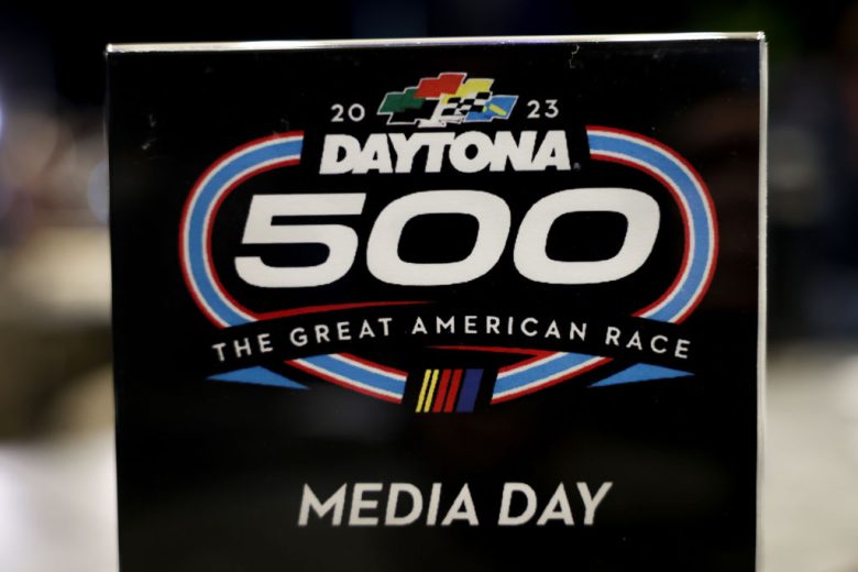A detailed view of the Daytona 500 Media Day sign