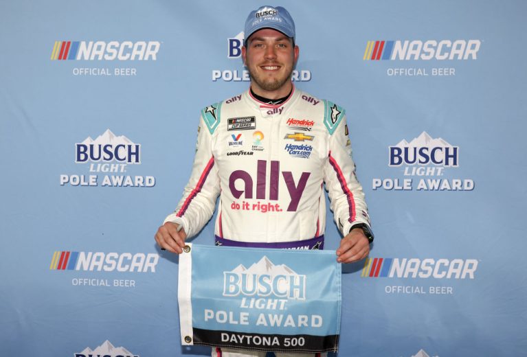 Alex Bowman poses with the Busch Light Pole award