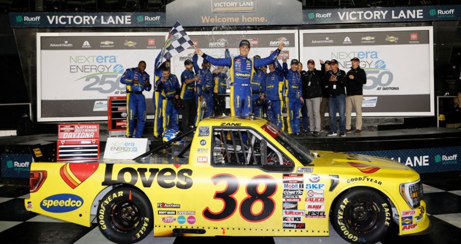 Zane Smith celebrates in Victory Lane