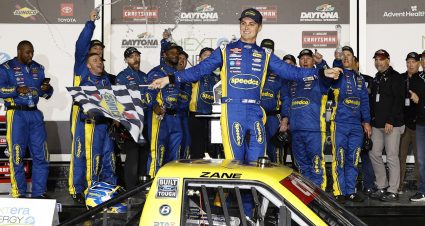 Zane Smith celebrates in Victory Lane.