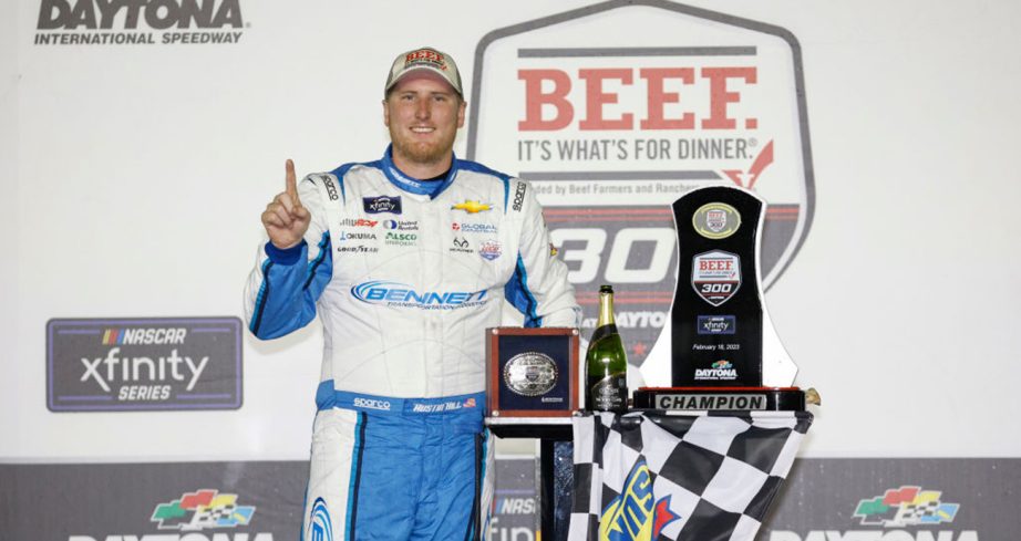 Austin Hill poses in Victory Lane