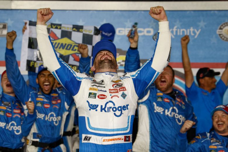 Ricky stenhouse Jr. celebrates in Victory Lane