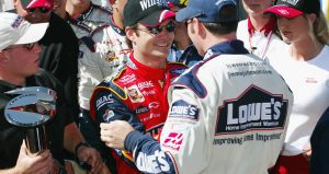 Jeff Gordon and Jimmie Johnson celebrate in Victory Lane at Auto Club Speedway in 2002