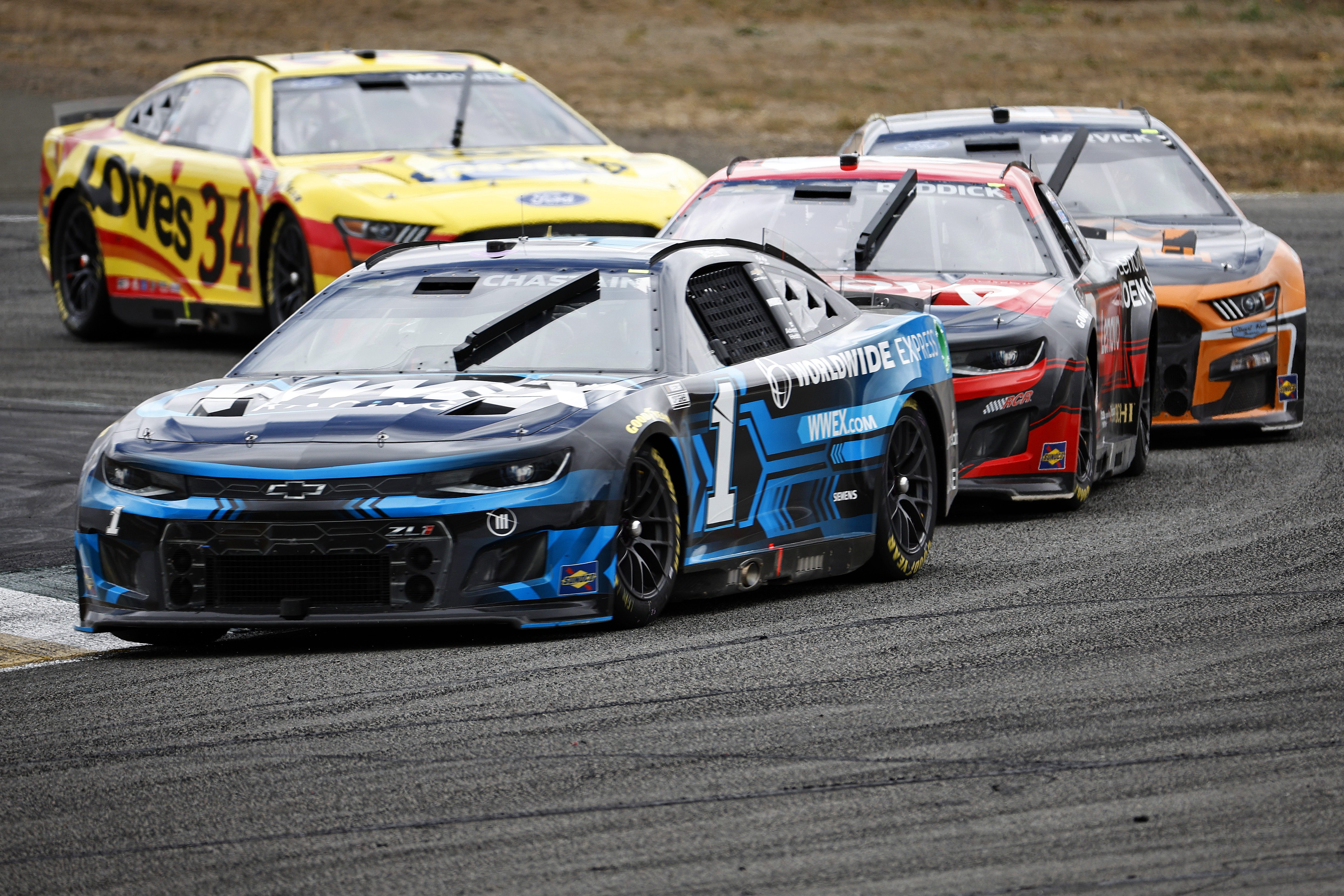 SONOMA, CALIFORNIA - JUNE 12: Ross Chastain, driver of the #1 Worldwide Express Chevrolet, drives during the NASCAR Cup Series Toyota/Save Mart 350 at Sonoma Raceway on June 12, 2022 in Sonoma, California. (Photo by Chris Graythen/Getty Images)